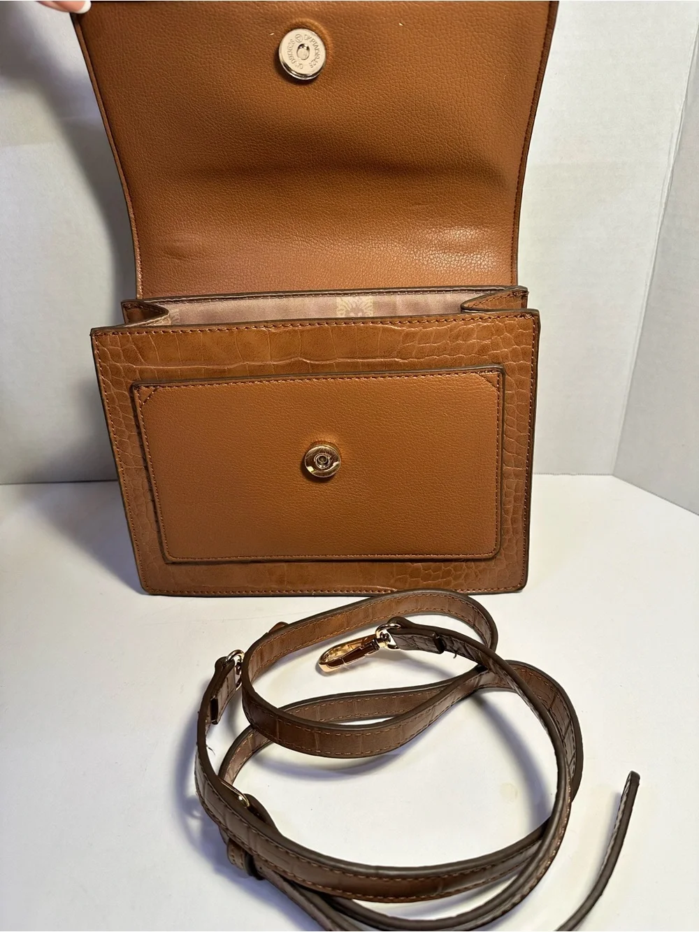 Anne Klein Croc-Embossed Top Handle Satchel in Tan with Gold Ring
